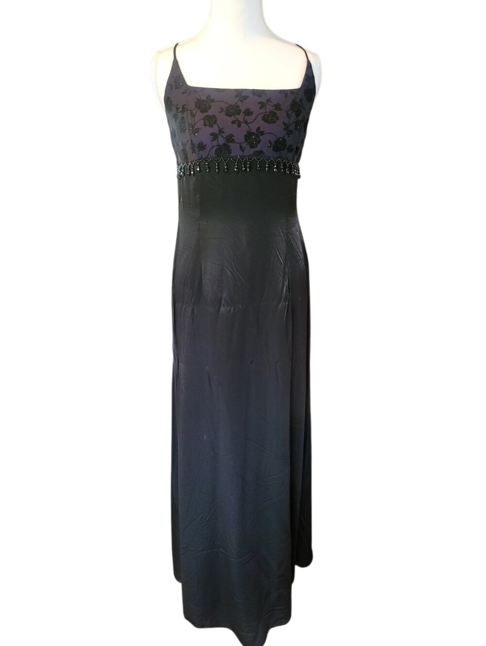 90s Hyphen Black Purple Floral Beaded Formal Floor Length Dress
